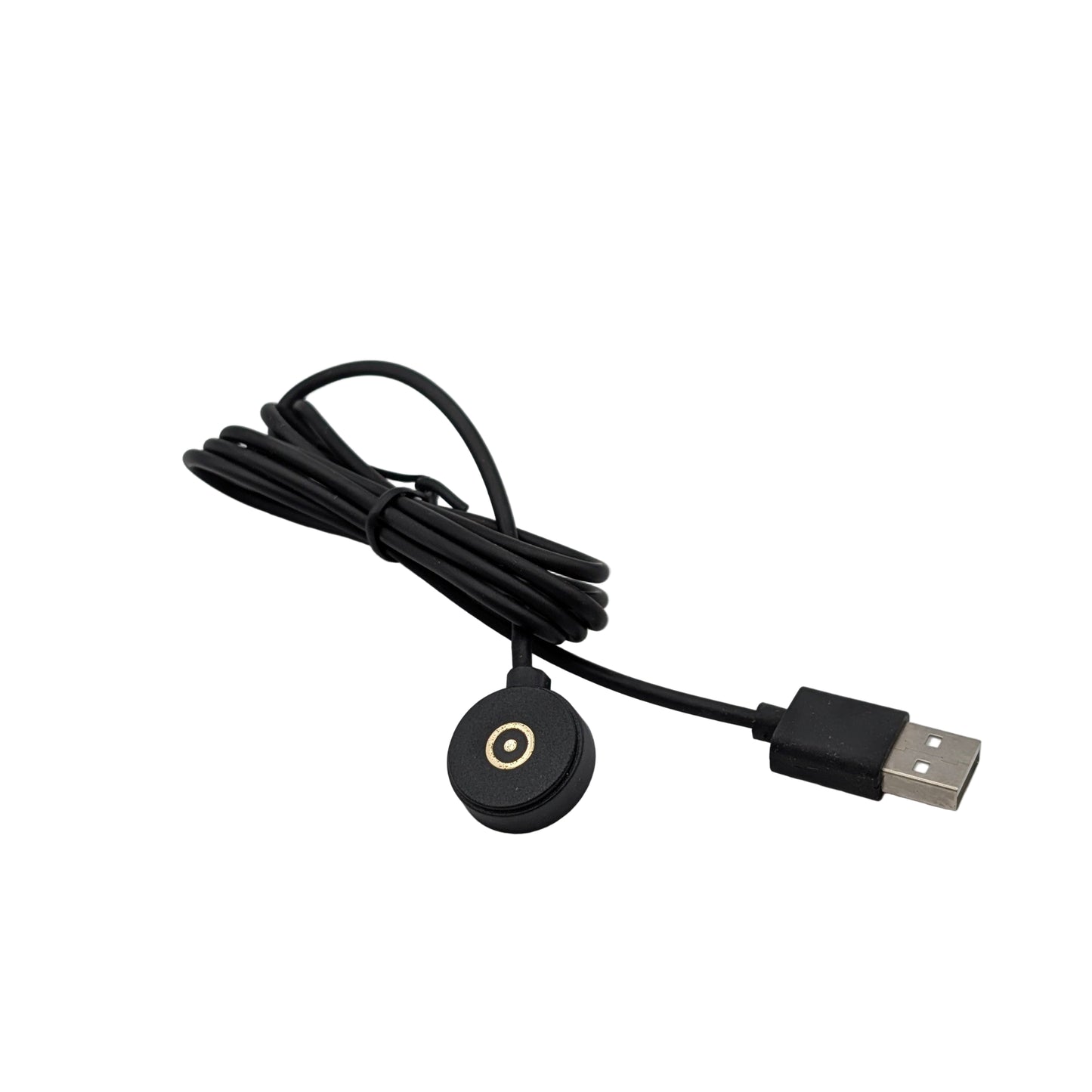 Black USB cable with a magnetic attachment on a gray background